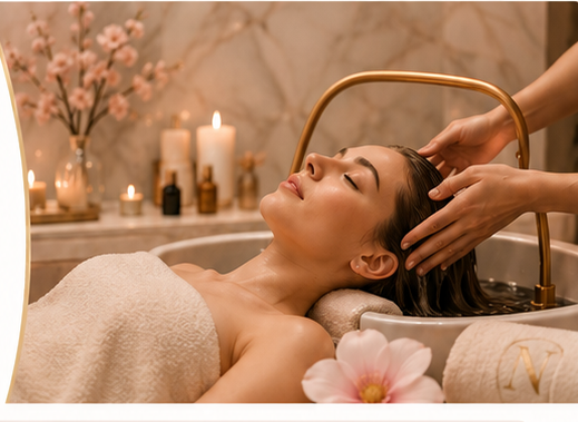 Vrouw geniet van een luxe HeadSpa behandeling bij Nanoni Salon
